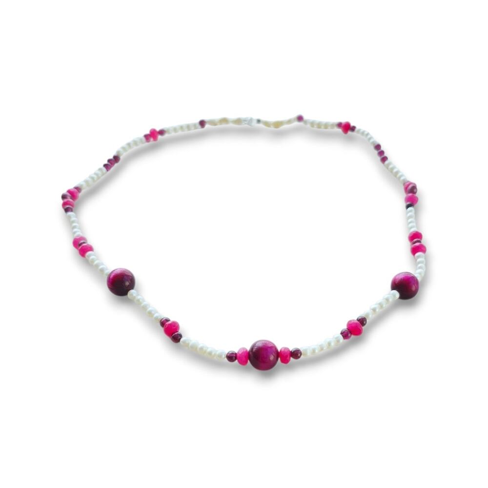 Artisan 925 Sterling‎ Silver White Pearl, Ruby, Garnet Beads Necklace